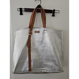 KATE SPADE SATURDAY Silver Metallic Canvas Large Tote Bag Purse Double Straps